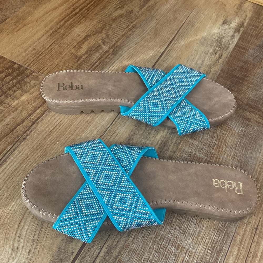 Reba Turquoise Cross Band Silver & gold Beaded Slide Sandals slides size 8